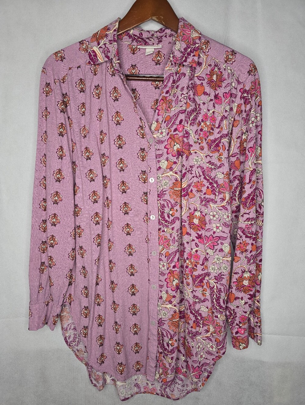 Knox Rose Floral Top Pink Mixed Print Button-up Long Sleeve Relaxed Boho Tunic M